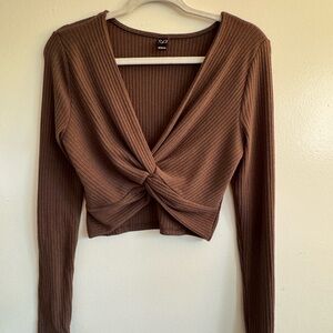 Windsor Brown Ribbed Tie Front Crop Blouse